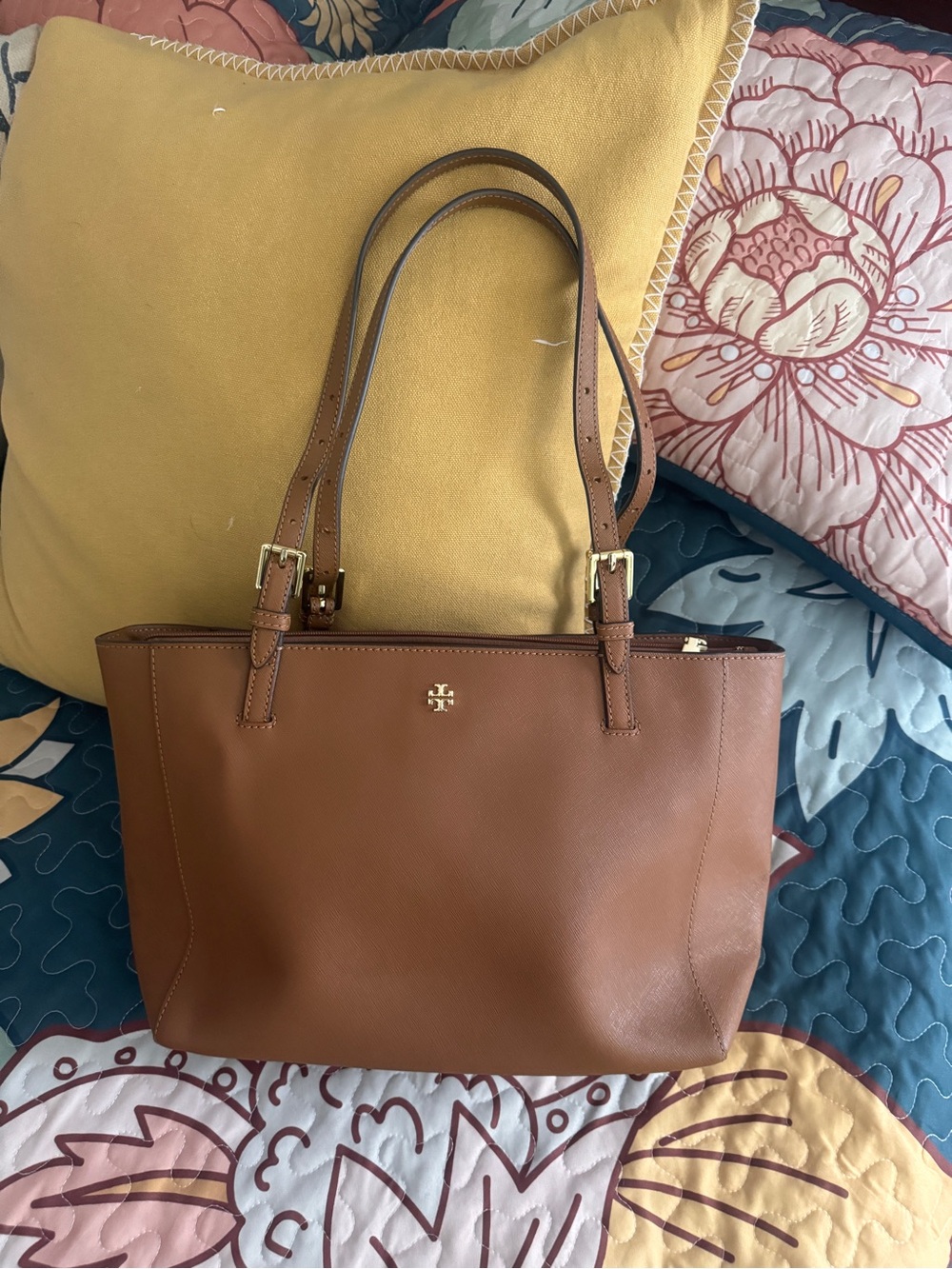 Tory Burch Cognac Leather Double-Handle Tote with Gold Hardware